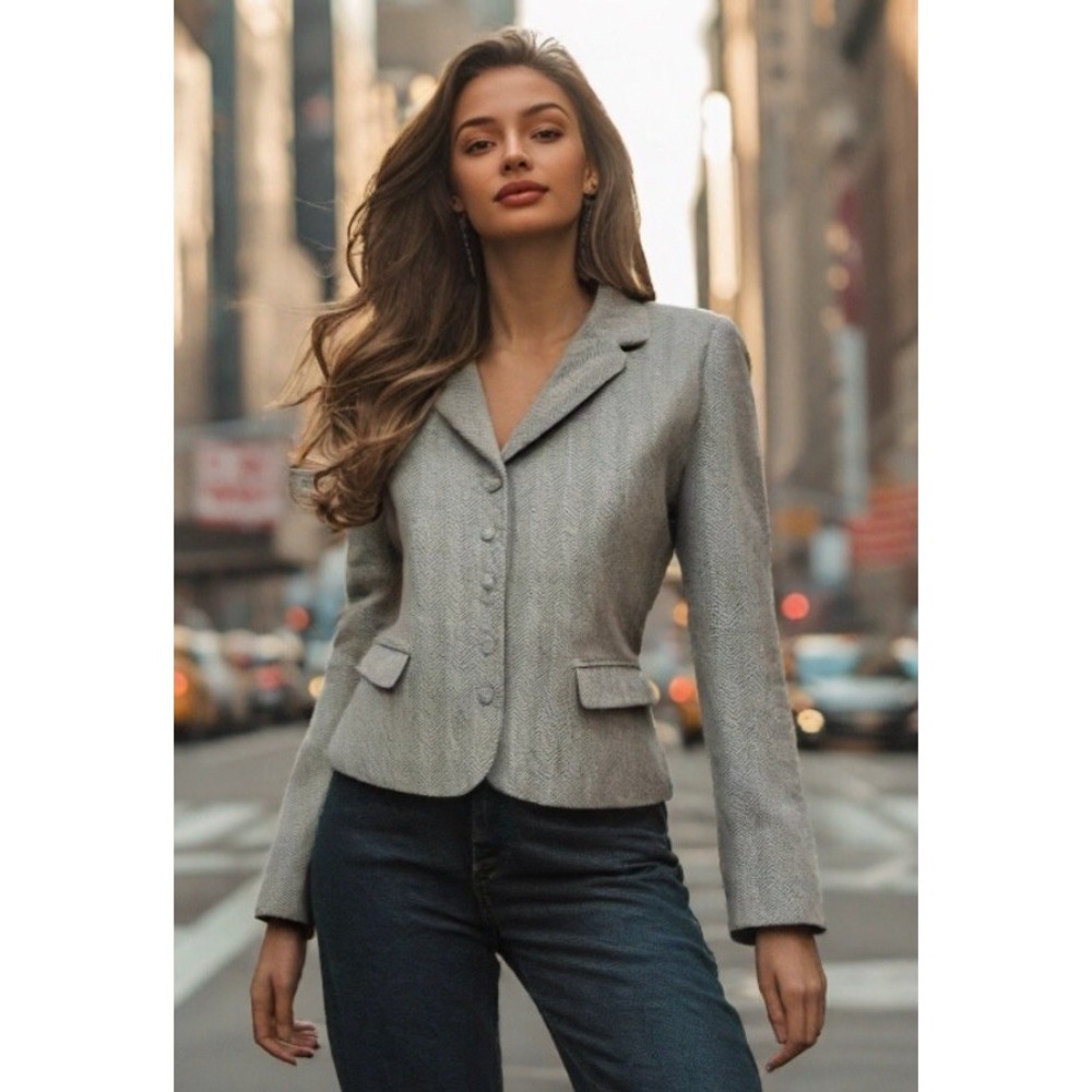 Vintage Sasson Wool Blazer Herringbone Lined Long Sleeve Grey Size X-Small